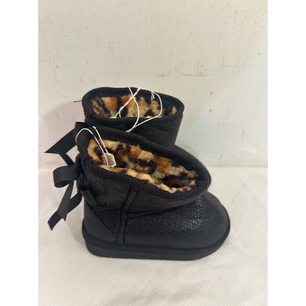 Capelli Kids Sequin Bow Boots 9/10 Black Leopard Faux Fur Toddler Girl